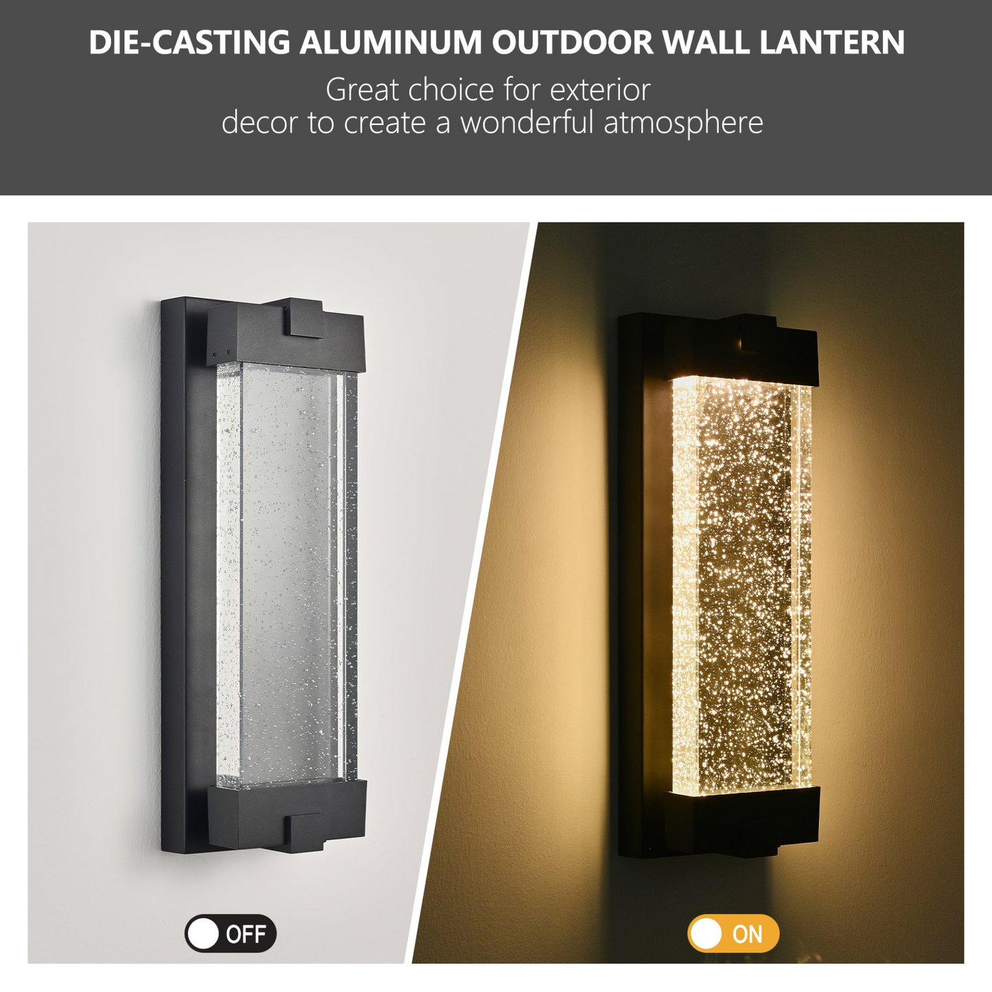 Black Aluminum Finish Outdoor Wall Light with Bubble Crystal Glass, LED Light Source, 3000K Warm Light, Weatherproof Exterior Sconce for Patio, Porch, or Garage (1-pack)