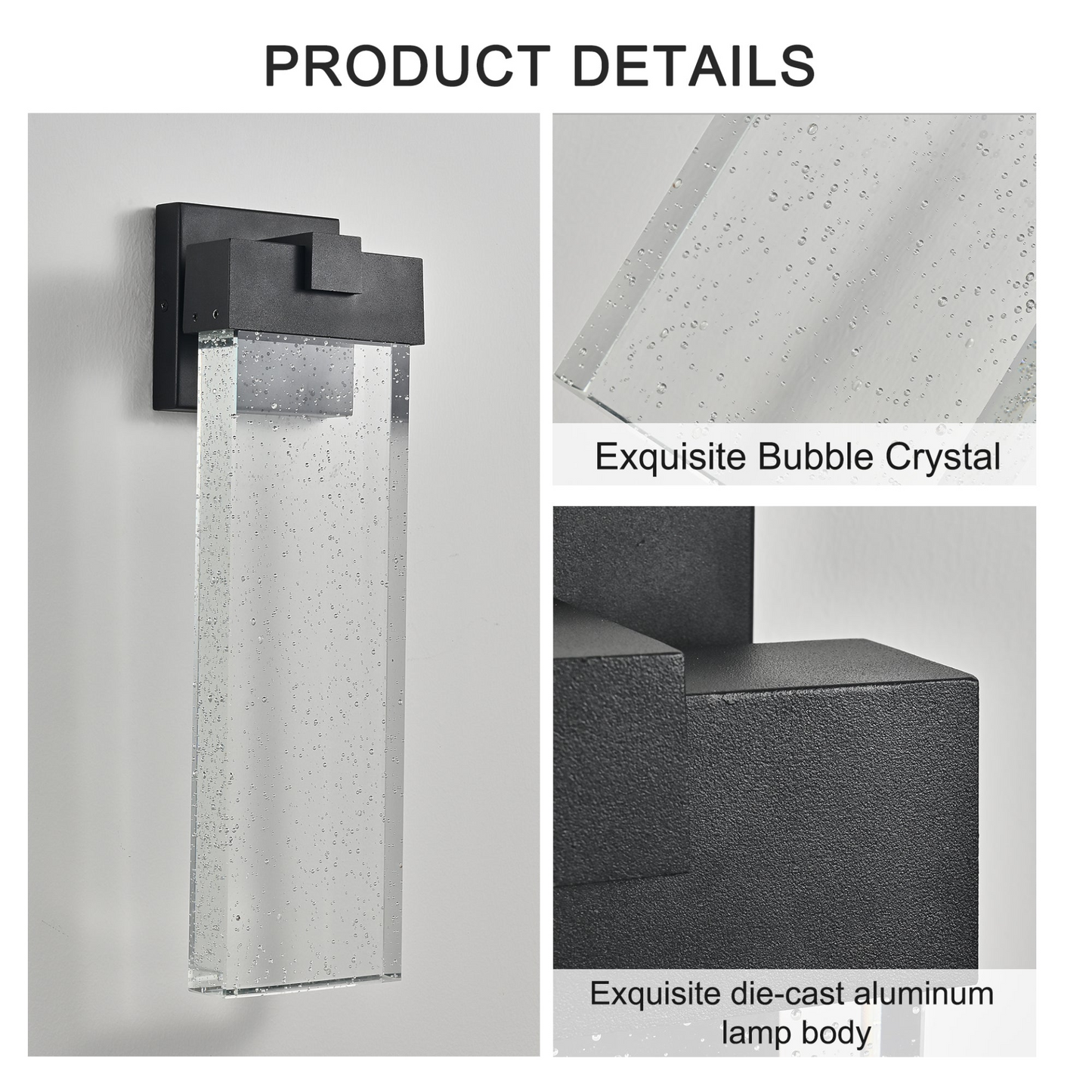 1-pack Modern Outdoor Wall Light Fixture, Weatherproof LED Wall Sconce with Bubble Crystal, Black Finish, Up and Down Lighting for Porch, Patio, and Garden