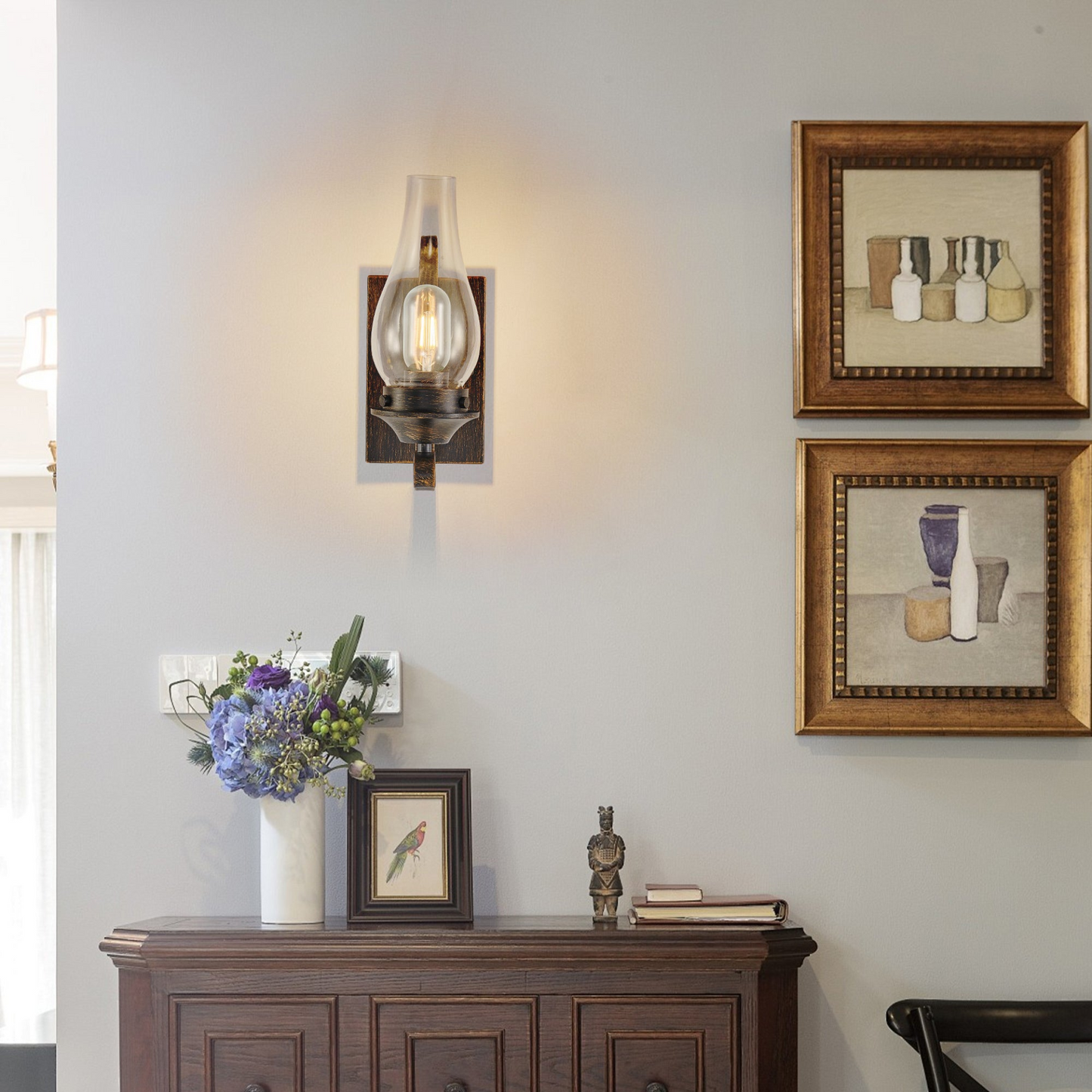 Rustic Farmhouse Wall Sconces Set of 2, Vintage Industrial Plug-in Wall Lights with Clear Glass Shade, Black and Gold Finish for Bedroom, Living Room, or Hallway (Bulb Not Included)