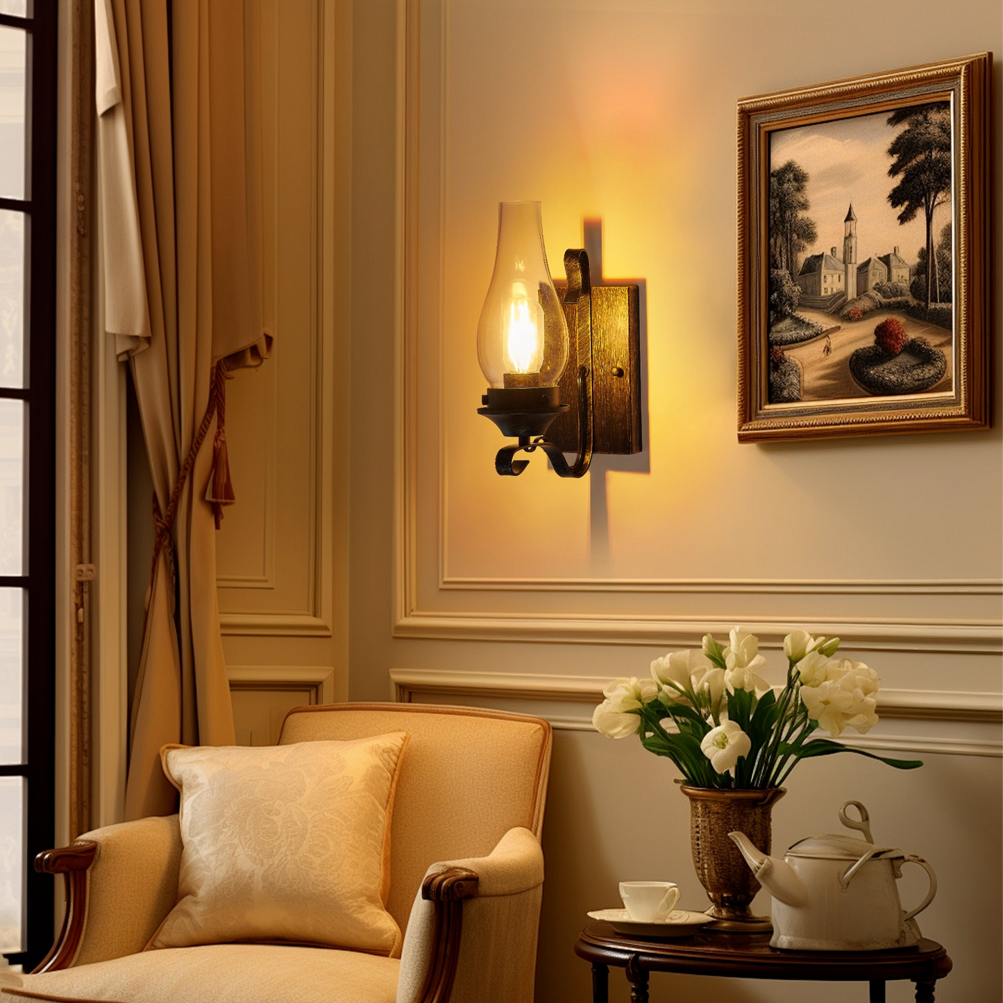 Rustic Farmhouse Wall Sconces Set of 2, Vintage Industrial Plug-in Wall Lights with Clear Glass Shade, Black and Gold Finish for Bedroom, Living Room, or Hallway (Bulb Not Included)