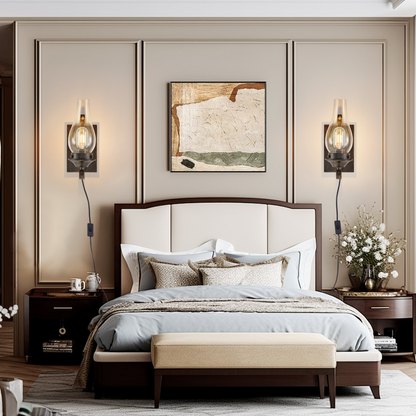 Rustic Farmhouse Wall Sconces Set of 2, Vintage Industrial Plug-in Wall Lights with Clear Glass Shade, Black and Gold Finish for Bedroom, Living Room, or Hallway (Bulb Not Included)