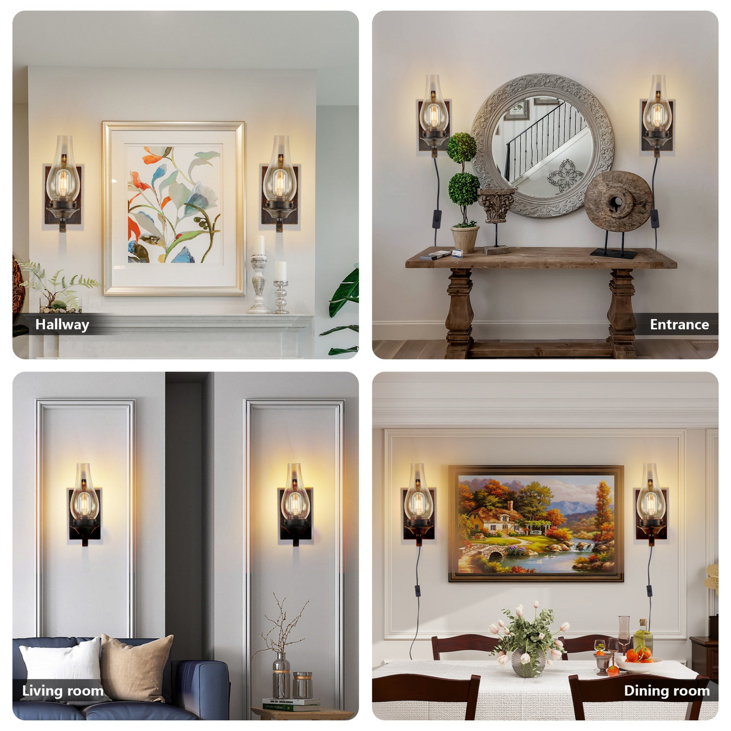 Rustic Farmhouse Wall Sconces Set of 2, Vintage Industrial Plug-in Wall Lights with Clear Glass Shade, Black and Gold Finish for Bedroom, Living Room, or Hallway (Bulb Not Included)
