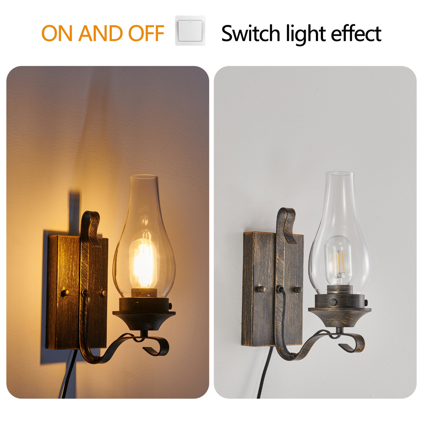 Rustic Farmhouse Wall Sconces Set of 2, Vintage Industrial Plug-in Wall Lights with Clear Glass Shade, Black and Gold Finish for Bedroom, Living Room, or Hallway (Bulb Not Included)
