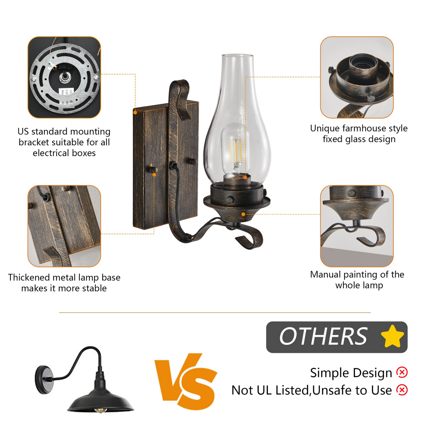 Rustic Farmhouse Wall Sconces Set of 2, Vintage Industrial Plug-in Wall Lights with Clear Glass Shade, Black and Gold Finish for Bedroom, Living Room, or Hallway (Bulb Not Included)