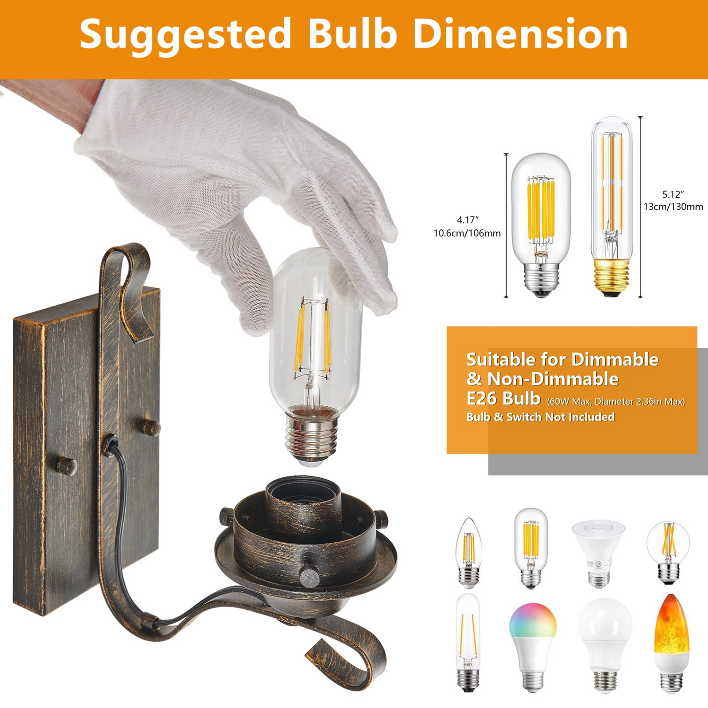 Rustic Farmhouse Wall Sconces Set of 2, Vintage Industrial Plug-in Wall Lights with Clear Glass Shade, Black and Gold Finish for Bedroom, Living Room, or Hallway (Bulb Not Included)