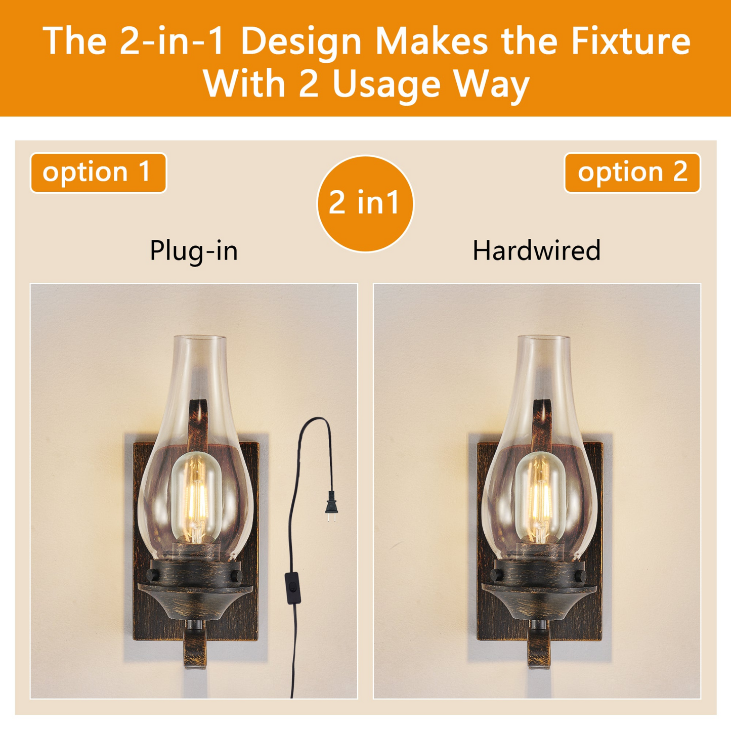 Rustic Farmhouse Wall Sconces Set of 2, Vintage Industrial Plug-in Wall Lights with Clear Glass Shade, Black and Gold Finish for Bedroom, Living Room, or Hallway (Bulb Not Included)