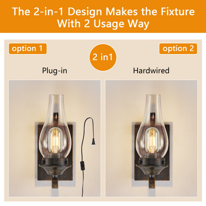 Rustic Farmhouse Wall Sconces Set of 2, Vintage Industrial Plug-in Wall Lights with Clear Glass Shade, Black and Gold Finish for Bedroom, Living Room, or Hallway (Bulb Not Included)