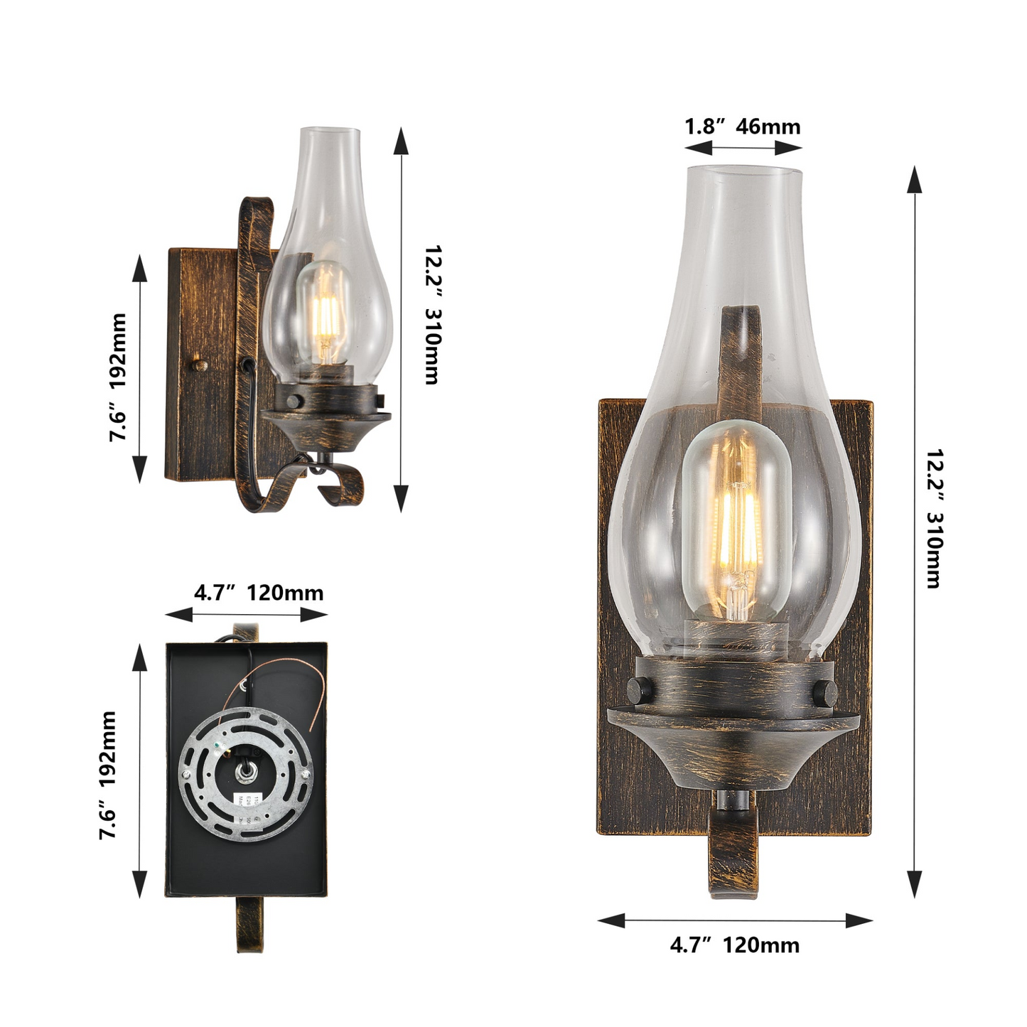 Rustic Farmhouse Wall Sconces Set of 2, Vintage Industrial Plug-in Wall Lights with Clear Glass Shade, Black and Gold Finish for Bedroom, Living Room, or Hallway (Bulb Not Included)
