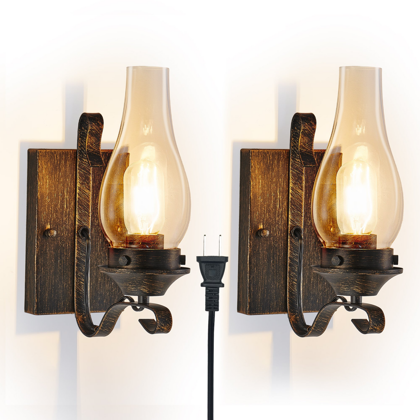 Rustic Farmhouse Wall Sconces Set of 2, Vintage Industrial Plug-in Wall Lights with Clear Glass Shade, Black and Gold Finish for Bedroom, Living Room, or Hallway (Bulb Not Included)