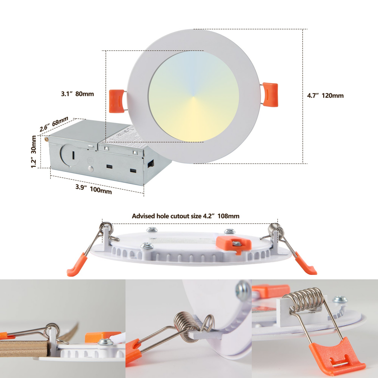 12-Pack 4.7 Inch Ultra-Thin LED Recessed Ceiling Light with Junction Box, 2700K-5000K Dimmable Color Changing Downlight, 9W 810LM, Easy Install, Ideal for Kitchen, Bedroom, Basement