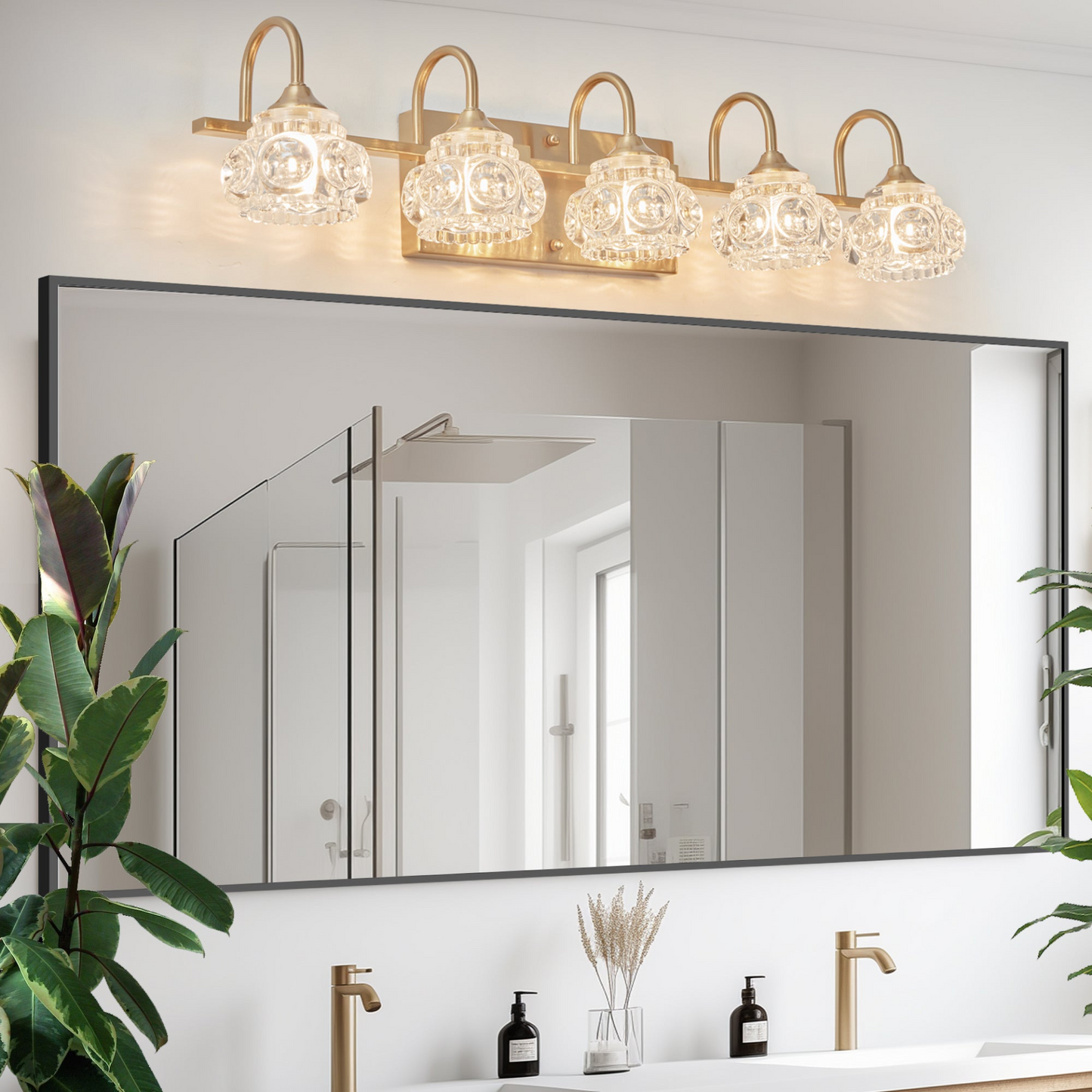 Modern Crystal Bathroom Vanity Light, 5-Light Golden Wall Sconce with Clear Glass Shade, Elegant Wall Mount Lighting for Bathroom, Powder Room, or Vanity Mirror (No Bulbs)