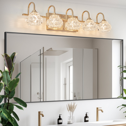Modern Crystal Bathroom Vanity Light, 5-Light Golden Wall Sconce with Clear Glass Shade, Elegant Wall Mount Lighting for Bathroom, Powder Room, or Vanity Mirror (No Bulbs)