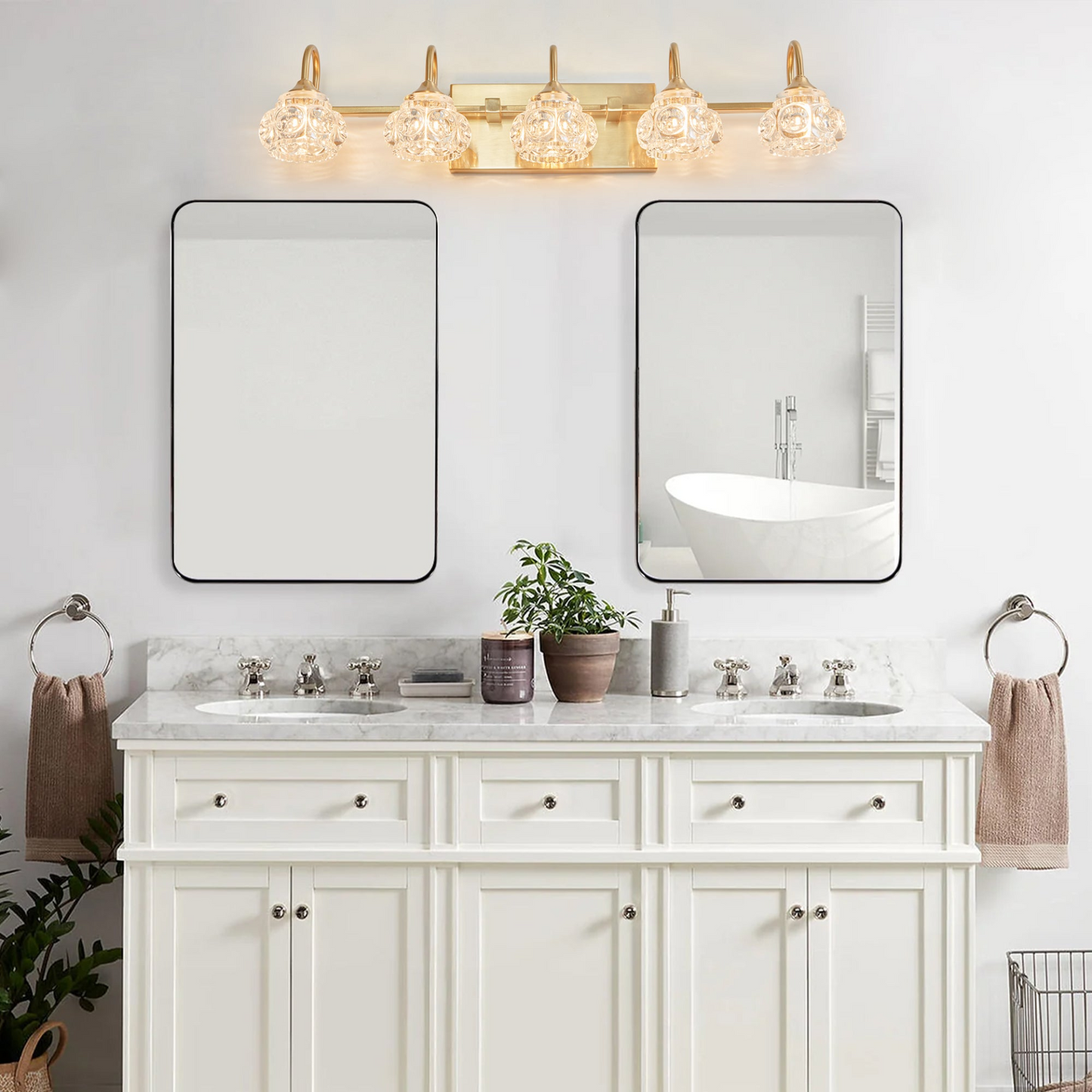 Modern Crystal Bathroom Vanity Light, 5-Light Golden Wall Sconce with Clear Glass Shade, Elegant Wall Mount Lighting for Bathroom, Powder Room, or Vanity Mirror (No Bulbs)
