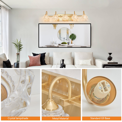 Modern Crystal Bathroom Vanity Light, 5-Light Golden Wall Sconce with Clear Glass Shade, Elegant Wall Mount Lighting for Bathroom, Powder Room, or Vanity Mirror (No Bulbs)