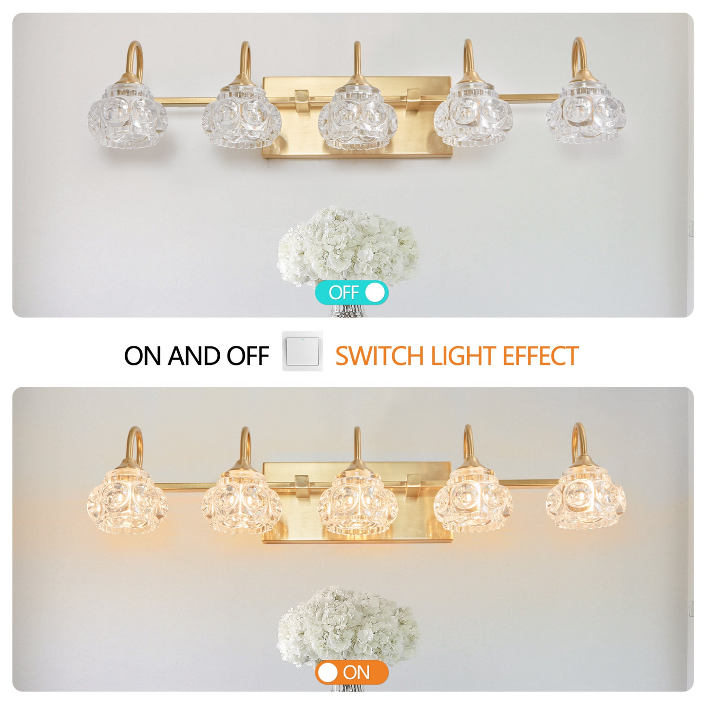 Modern Crystal Bathroom Vanity Light, 5-Light Golden Wall Sconce with Clear Glass Shade, Elegant Wall Mount Lighting for Bathroom, Powder Room, or Vanity Mirror (No Bulbs)