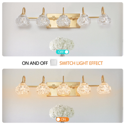 Modern Crystal Bathroom Vanity Light, 5-Light Golden Wall Sconce with Clear Glass Shade, Elegant Wall Mount Lighting for Bathroom, Powder Room, or Vanity Mirror (No Bulbs)