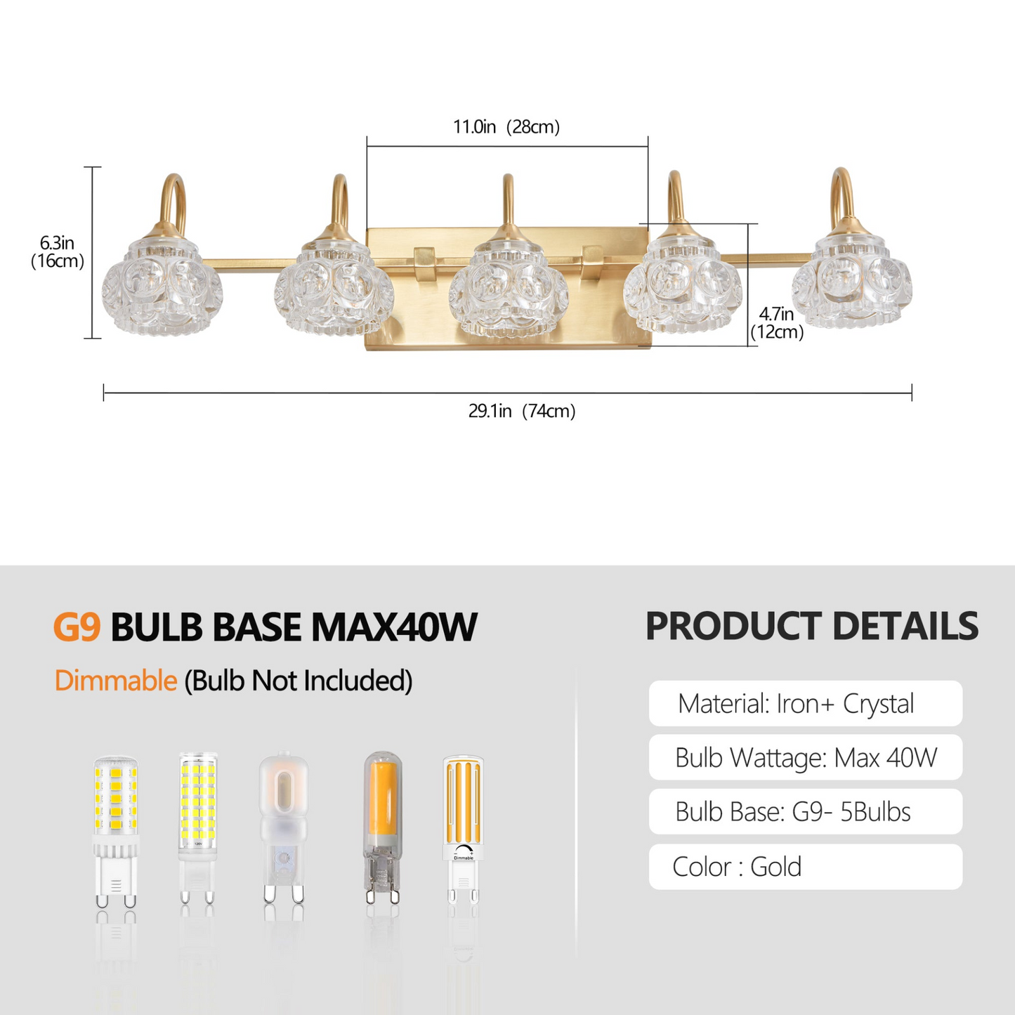 Modern Crystal Bathroom Vanity Light, 5-Light Golden Wall Sconce with Clear Glass Shade, Elegant Wall Mount Lighting for Bathroom, Powder Room, or Vanity Mirror (No Bulbs)