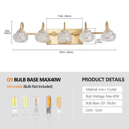 Modern Crystal Bathroom Vanity Light, 5-Light Golden Wall Sconce with Clear Glass Shade, Elegant Wall Mount Lighting for Bathroom, Powder Room, or Vanity Mirror (No Bulbs)
