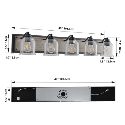Farmhouse Vanity Light Fixture, 5-Light Bathroom Wall Sconce with Clear Seeded Glass Shades, Rustic Black Finish with Wood Backplate, Modern Industrial Design for Bathroom or Powder Room (No Bulbs)