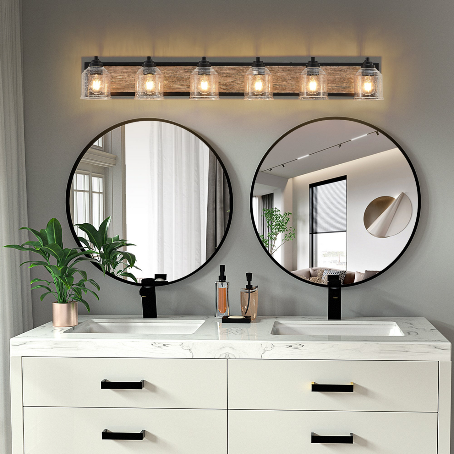 Farmhouse Vanity Light Fixture, 6-Light Bathroom Wall Sconce with Clear Seeded Glass Shades, Rustic Black Finish with Wood Backplate, Modern Industrial Design for Bathroom or Powder Room (No Bulbs)