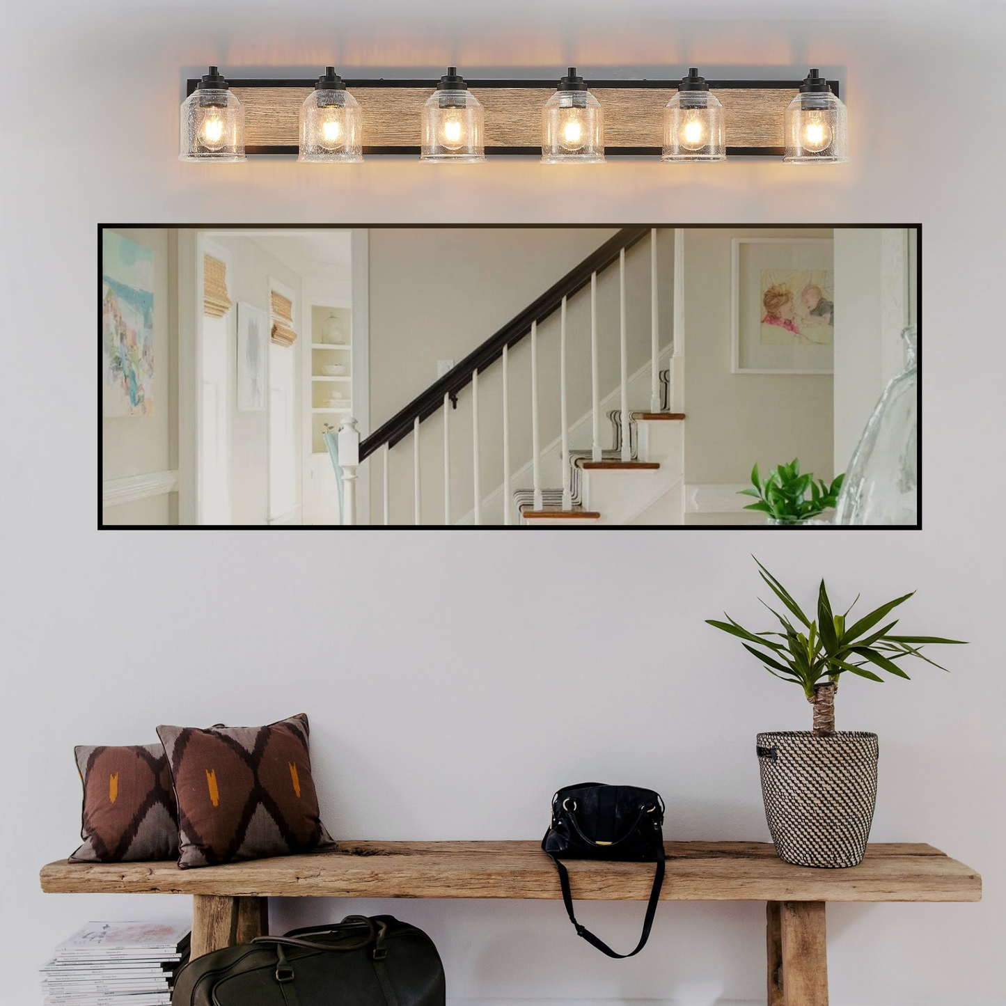 Farmhouse Vanity Light Fixture, 6-Light Bathroom Wall Sconce with Clear Seeded Glass Shades, Rustic Black Finish with Wood Backplate, Modern Industrial Design for Bathroom or Powder Room (No Bulbs)