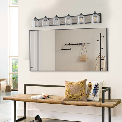 Farmhouse Vanity Light Fixture, 6-Light Bathroom Wall Sconce with Clear Seeded Glass Shades, Rustic Black Finish with Wood Backplate, Modern Industrial Design for Bathroom or Powder Room (No Bulbs)