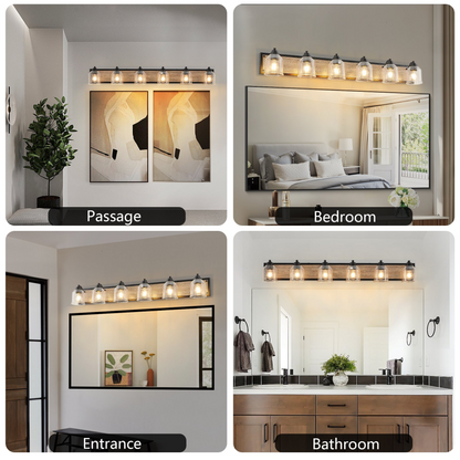Farmhouse Vanity Light Fixture, 6-Light Bathroom Wall Sconce with Clear Seeded Glass Shades, Rustic Black Finish with Wood Backplate, Modern Industrial Design for Bathroom or Powder Room (No Bulbs)