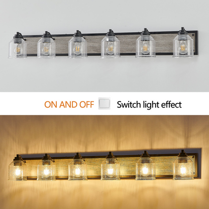 Farmhouse Vanity Light Fixture, 6-Light Bathroom Wall Sconce with Clear Seeded Glass Shades, Rustic Black Finish with Wood Backplate, Modern Industrial Design for Bathroom or Powder Room (No Bulbs)
