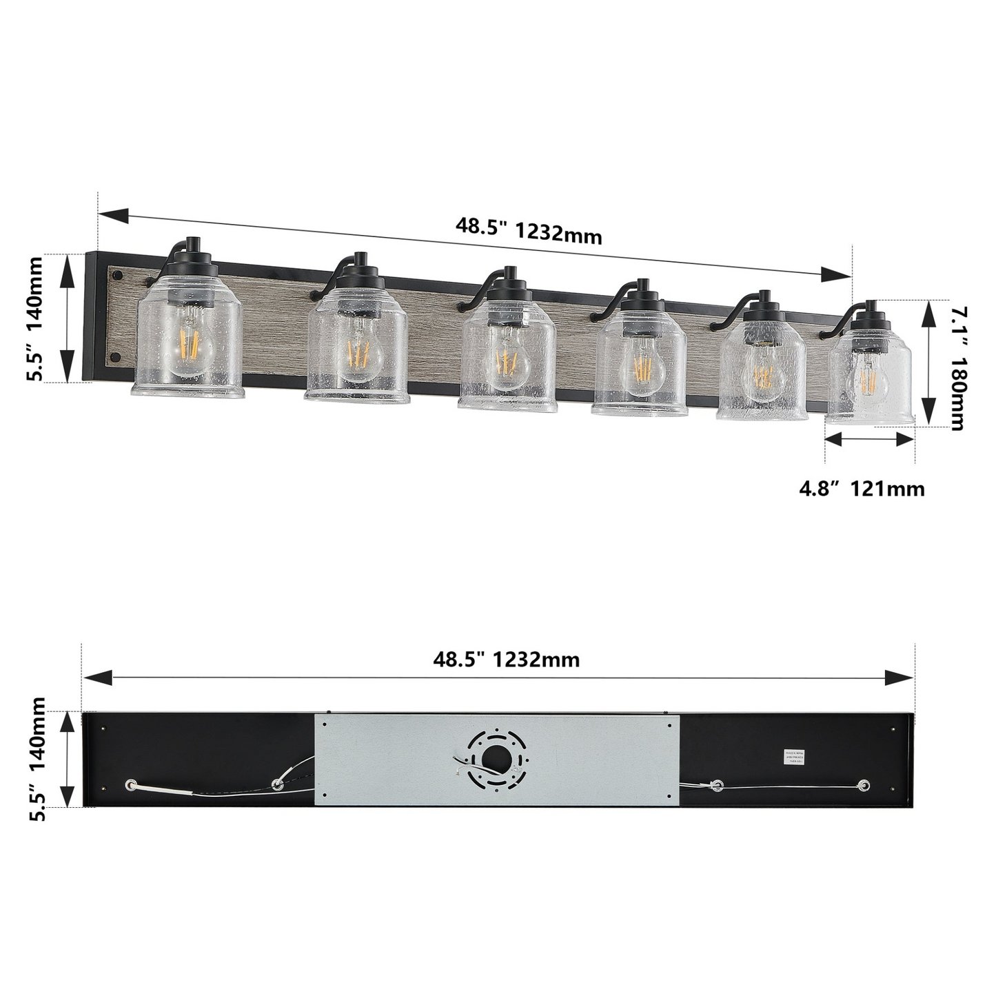 Farmhouse Vanity Light Fixture, 6-Light Bathroom Wall Sconce with Clear Seeded Glass Shades, Rustic Black Finish with Wood Backplate, Modern Industrial Design for Bathroom or Powder Room (No Bulbs)