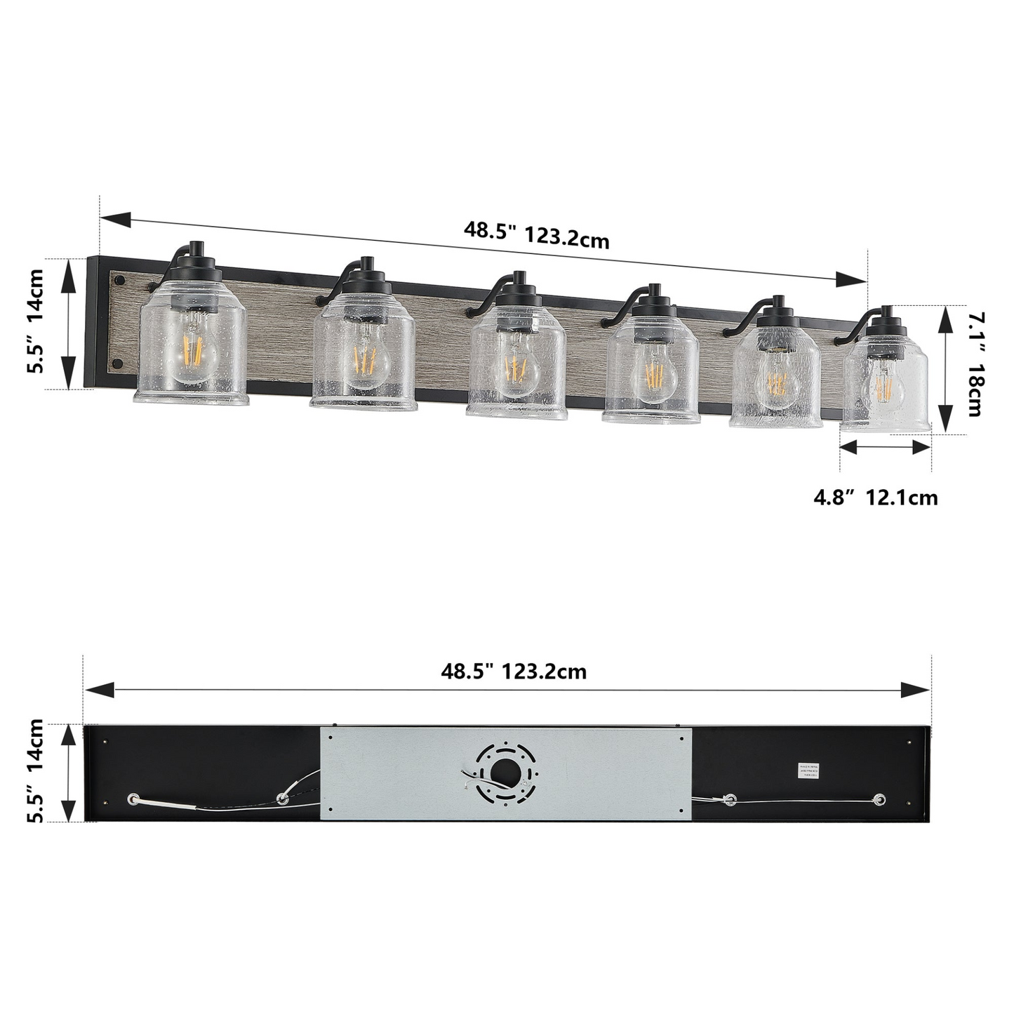 Farmhouse Vanity Light Fixture, 6-Light Bathroom Wall Sconce with Clear Seeded Glass Shades, Rustic Black Finish with Wood Backplate, Modern Industrial Design for Bathroom or Powder Room (No Bulbs)