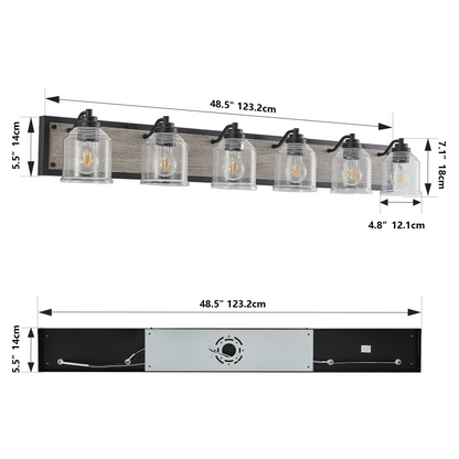 Farmhouse Vanity Light Fixture, 6-Light Bathroom Wall Sconce with Clear Seeded Glass Shades, Rustic Black Finish with Wood Backplate, Modern Industrial Design for Bathroom or Powder Room (No Bulbs)