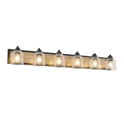 Farmhouse Vanity Light Fixture, 6-Light Bathroom Wall Sconce with Clear Seeded Glass Shades, Rustic Black Finish with Wood Backplate, Modern Industrial Design for Bathroom or Powder Room (No Bulbs)