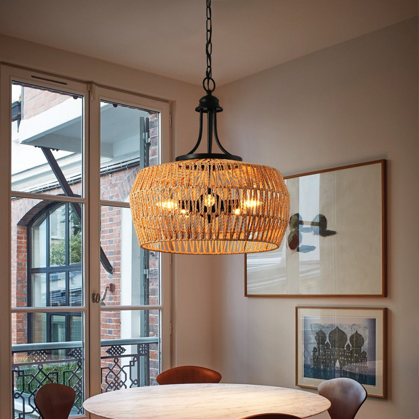 Boho Hemp Rope Pendant Light, Hand-Woven Jute Hanging Lamp with Adjustable Chain, Natural Rope Shade Ceiling Light Fixture for Kitchen Island, Dining Room, or Entryway (Bulb Not Included)