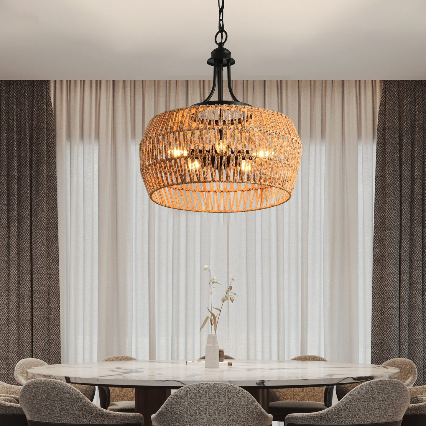 Boho Hemp Rope Pendant Light, Hand-Woven Jute Hanging Lamp with Adjustable Chain, Natural Rope Shade Ceiling Light Fixture for Kitchen Island, Dining Room, or Entryway (Bulb Not Included)