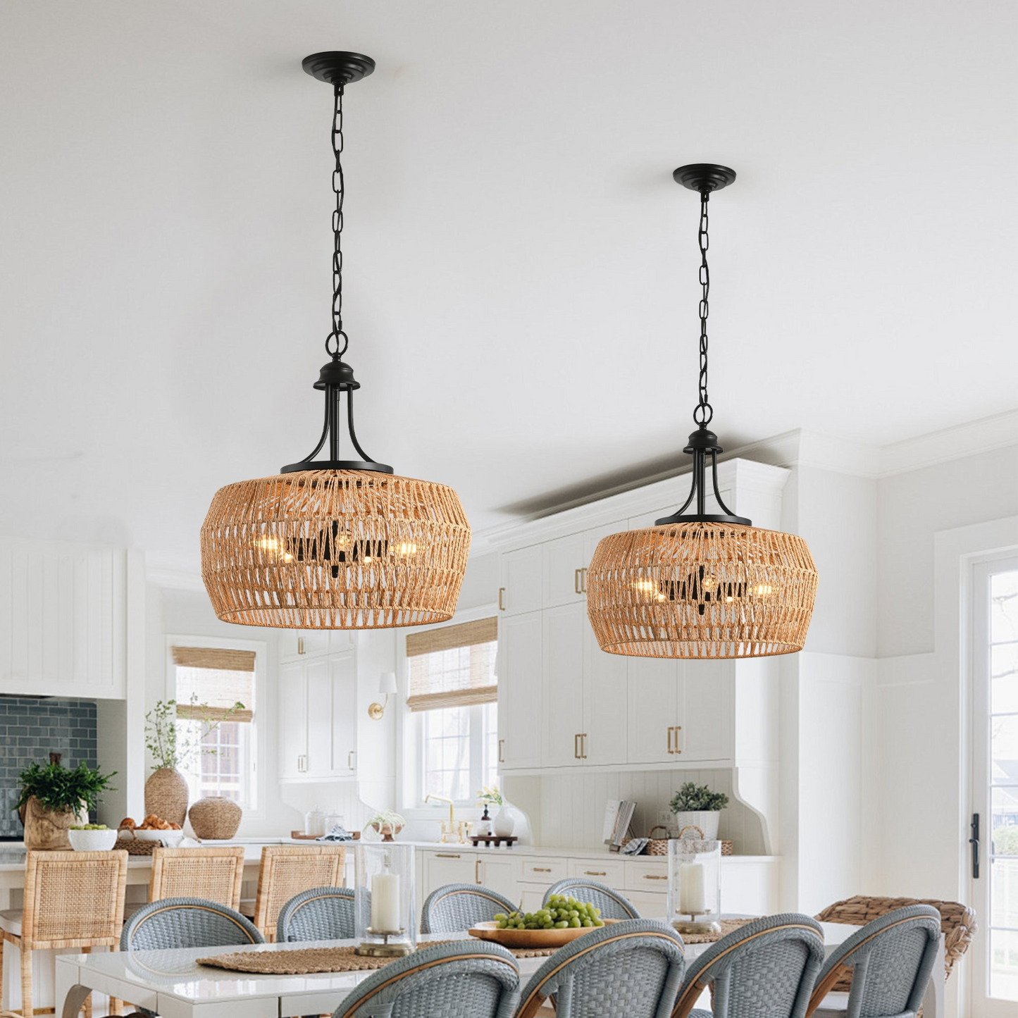 Boho Hemp Rope Pendant Light, Hand-Woven Jute Hanging Lamp with Adjustable Chain, Natural Rope Shade Ceiling Light Fixture for Kitchen Island, Dining Room, or Entryway (Bulb Not Included)