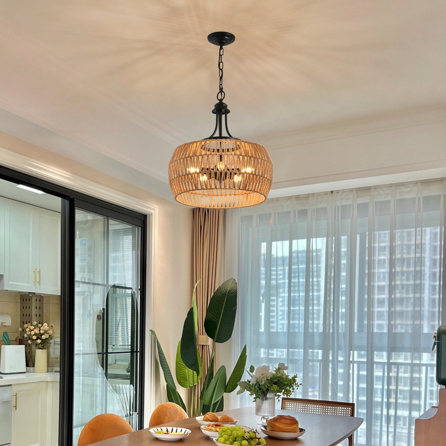 Boho Hemp Rope Pendant Light, Hand-Woven Jute Hanging Lamp with Adjustable Chain, Natural Rope Shade Ceiling Light Fixture for Kitchen Island, Dining Room, or Entryway (Bulb Not Included)