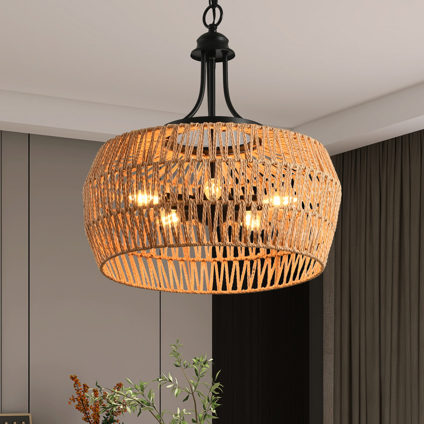 Boho Hemp Rope Pendant Light, Hand-Woven Jute Hanging Lamp with Adjustable Chain, Natural Rope Shade Ceiling Light Fixture for Kitchen Island, Dining Room, or Entryway (Bulb Not Included)