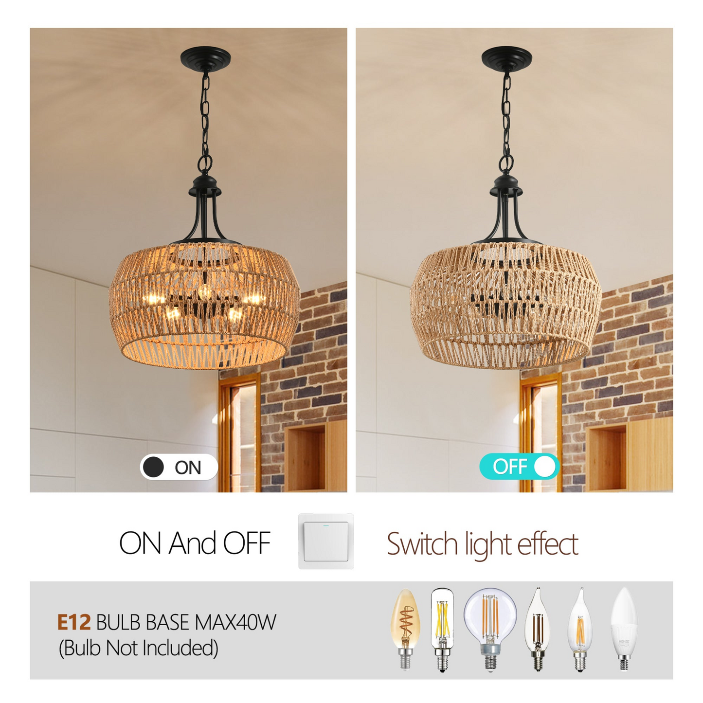 Boho Hemp Rope Pendant Light, Hand-Woven Jute Hanging Lamp with Adjustable Chain, Natural Rope Shade Ceiling Light Fixture for Kitchen Island, Dining Room, or Entryway (Bulb Not Included)