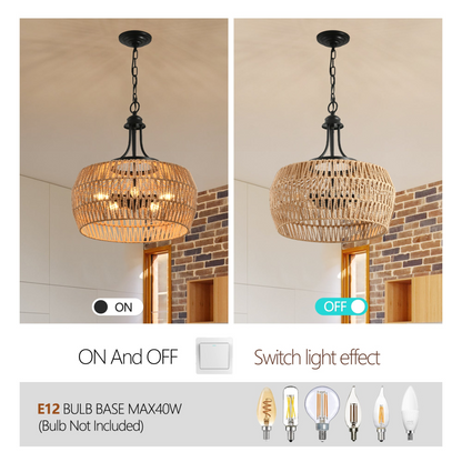 Boho Hemp Rope Pendant Light, Hand-Woven Jute Hanging Lamp with Adjustable Chain, Natural Rope Shade Ceiling Light Fixture for Kitchen Island, Dining Room, or Entryway (Bulb Not Included)
