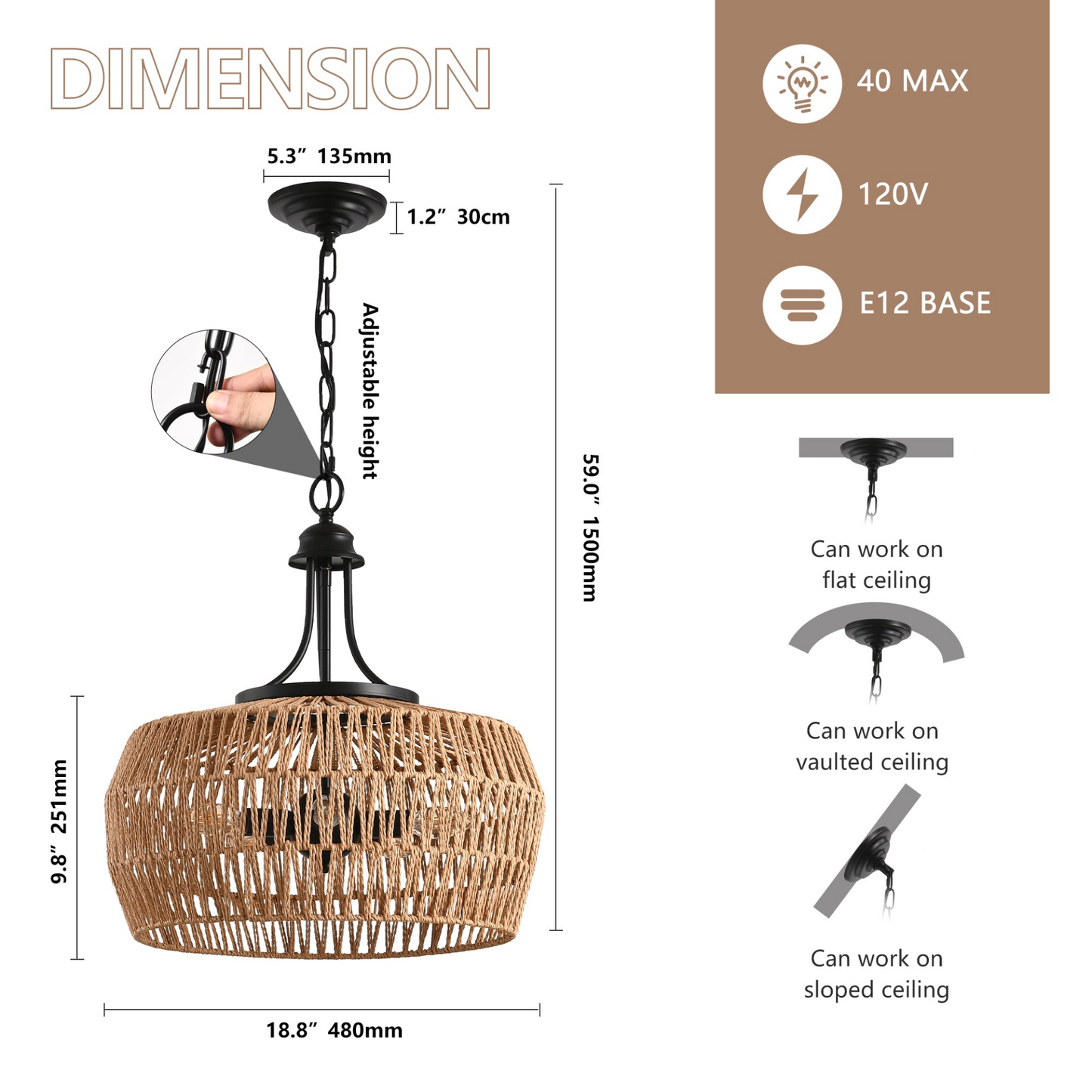 Boho Hemp Rope Pendant Light, Hand-Woven Jute Hanging Lamp with Adjustable Chain, Natural Rope Shade Ceiling Light Fixture for Kitchen Island, Dining Room, or Entryway (Bulb Not Included)