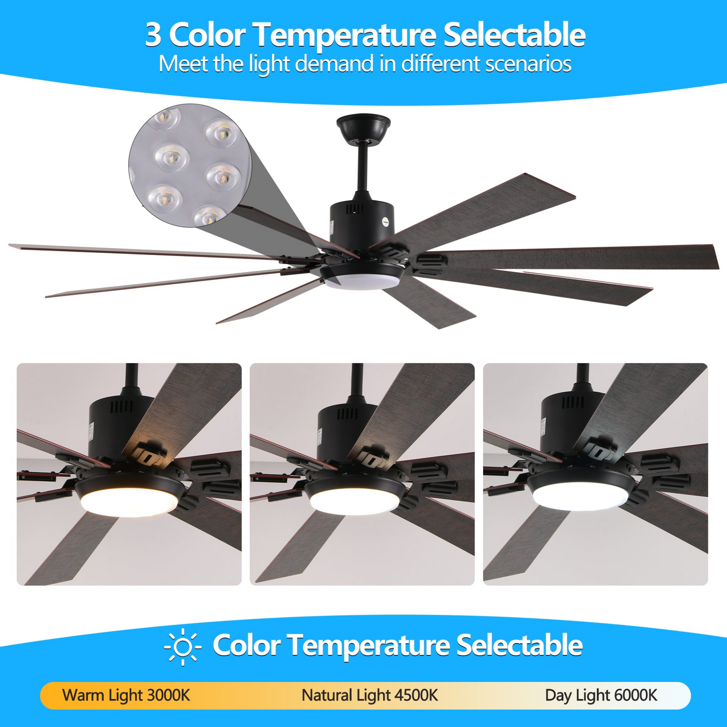 Walnut LED Ceiling Fan Light with 8 Wooden Blades, Remote Control, Dimmable & Adjustable Color Temperature for Living Room, Bedroom, or Dining Room