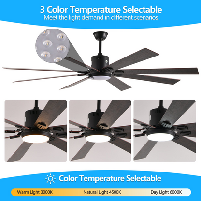 Walnut LED Ceiling Fan Light with 8 Wooden Blades, Remote Control, Dimmable & Adjustable Color Temperature for Living Room, Bedroom, or Dining Room