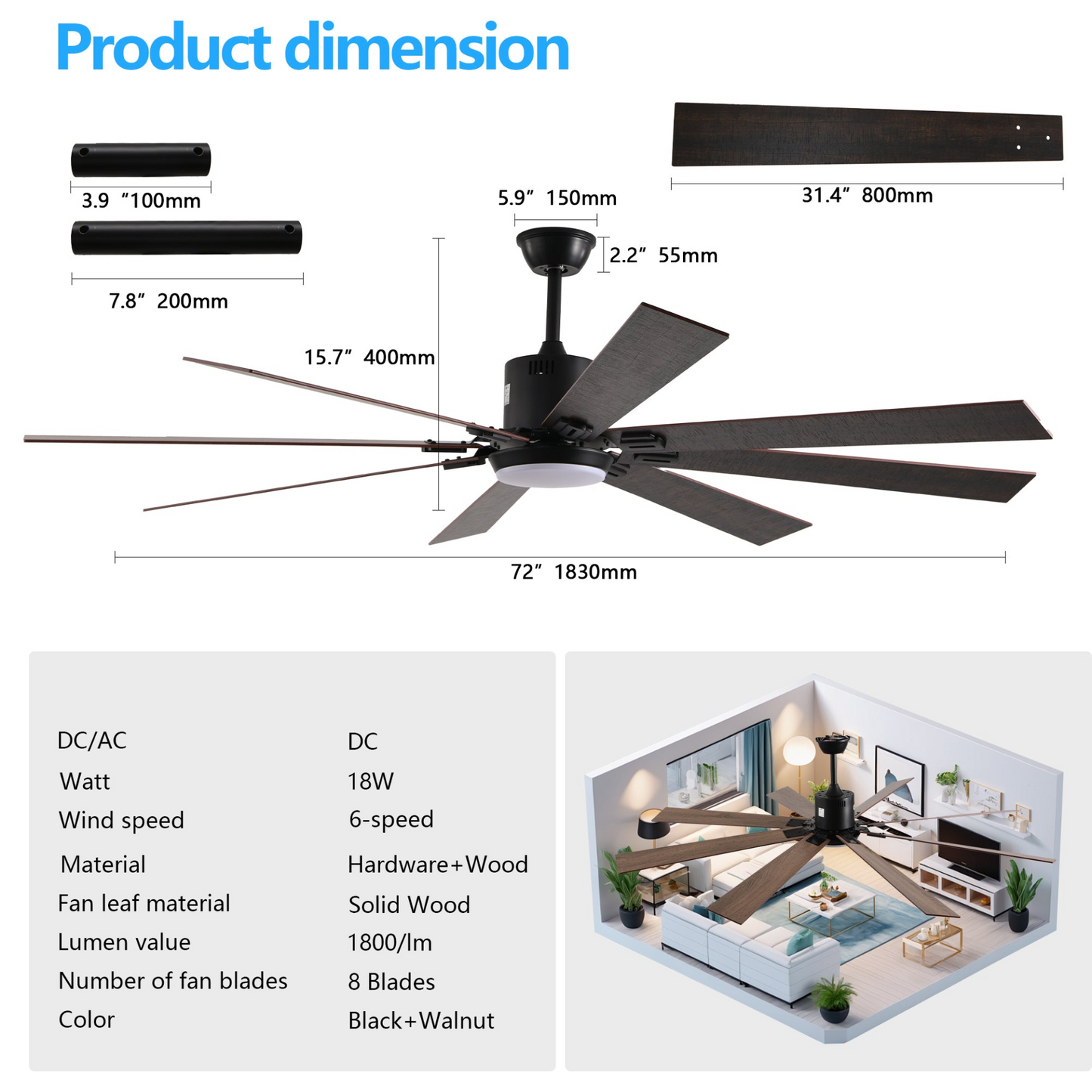 Walnut LED Ceiling Fan Light with 8 Wooden Blades, Remote Control, Dimmable & Adjustable Color Temperature for Living Room, Bedroom, or Dining Room