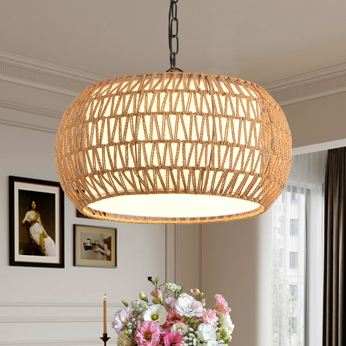 Farmhouse Pendant Light with Adjustable Height, Boho Woven Jute Rope Hanging Ceiling Light Fixture, E26 Base, 60W Max, Compatible with Flat, Vaulted, and Sloped Ceil (Bulb Not Included)