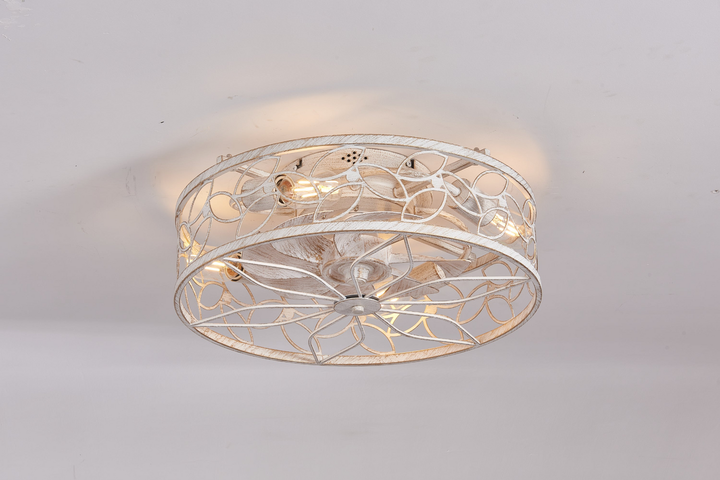 18.1-inch White Vintage Caged Ceiling Fan Light – Quiet Operation, Remote Control, Industrial Style for Living Room, Bedroom, and Kitchen (Bulb Not Included)