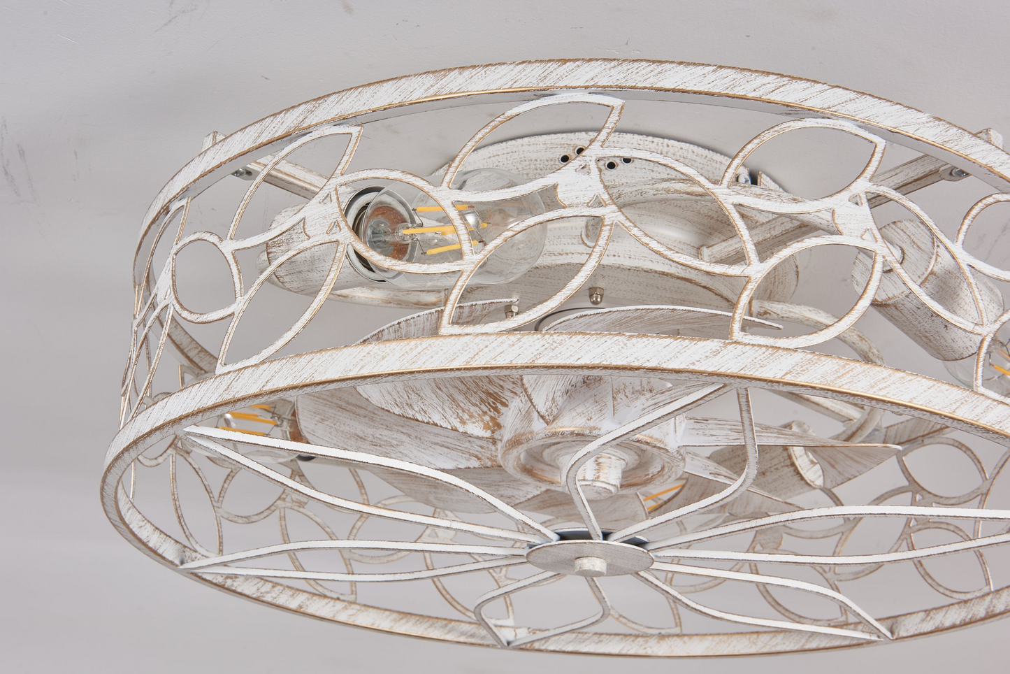 18.1-inch White Vintage Caged Ceiling Fan Light – Quiet Operation, Remote Control, Industrial Style for Living Room, Bedroom, and Kitchen (Bulb Not Included)