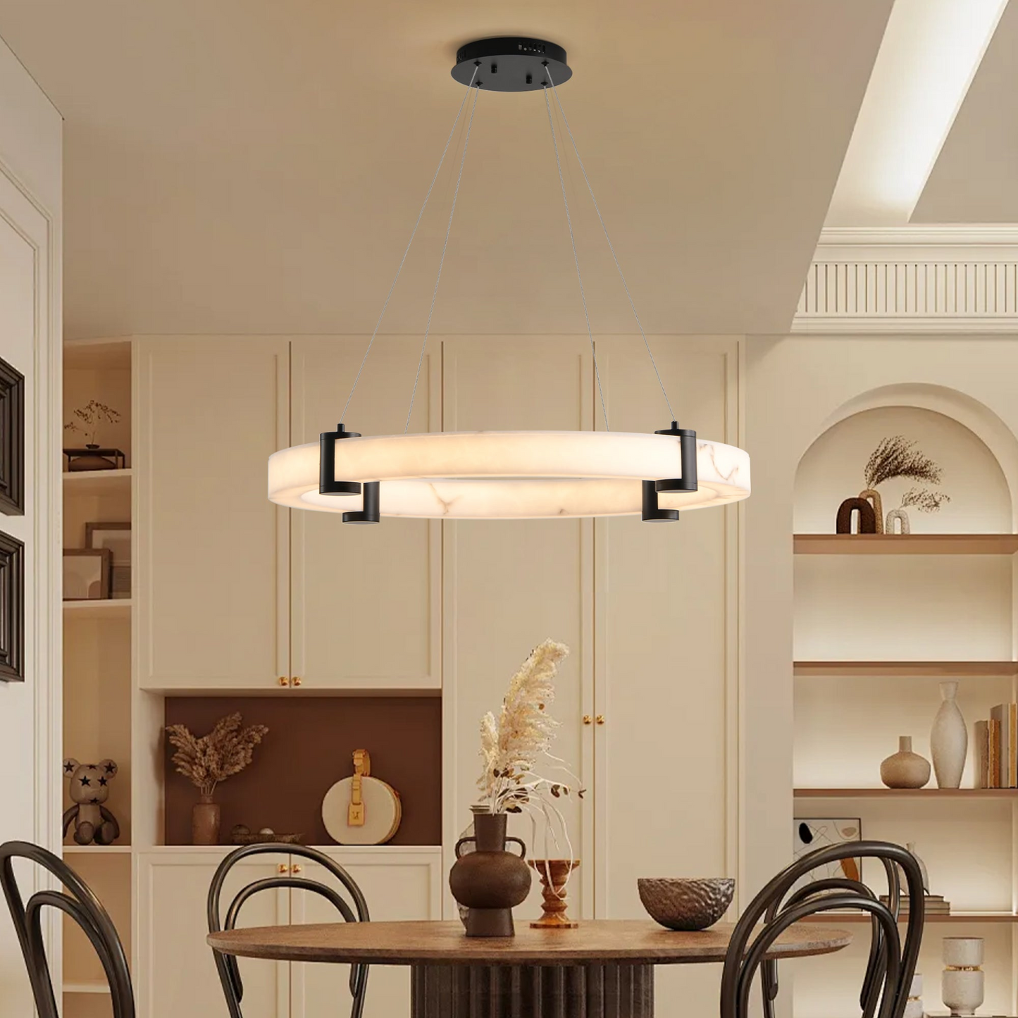 Modern LED Pendant Light, 23.6-Inch Round Hanging Chandelier with Adjustable Height, Imitation Marble Finish Resin Ring, Dimmable Ceiling Light for Dining Room, Kitchen Island, Living Room