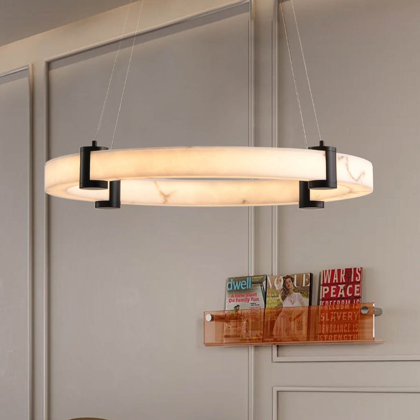 Modern LED Pendant Light, 23.6-Inch Round Hanging Chandelier with Adjustable Height, Imitation Marble Finish Resin Ring, Dimmable Ceiling Light for Dining Room, Kitchen Island, Living Room