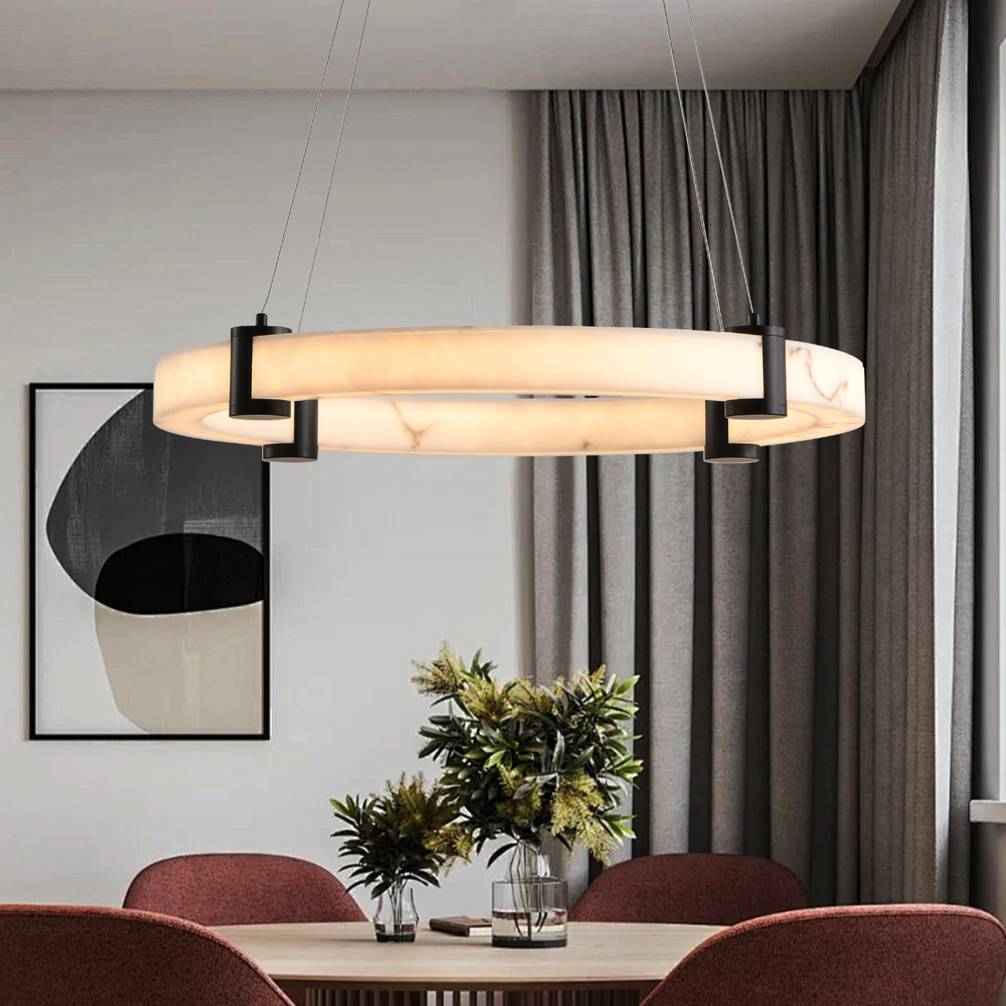 Modern LED Pendant Light, 23.6-Inch Round Hanging Chandelier with Adjustable Height, Imitation Marble Finish Resin Ring, Dimmable Ceiling Light for Dining Room, Kitchen Island, Living Room