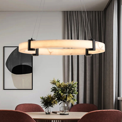 Modern LED Pendant Light, 23.6-Inch Round Hanging Chandelier with Adjustable Height, Imitation Marble Finish Resin Ring, Dimmable Ceiling Light for Dining Room, Kitchen Island, Living Room